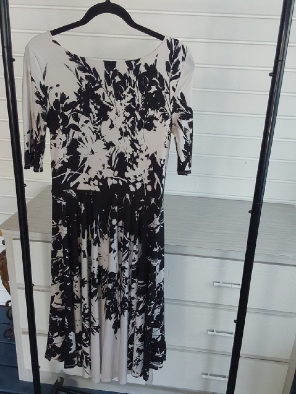 Elegant Black & White Floral Fit-and-Flare Dress By Marc Bouwer Medium